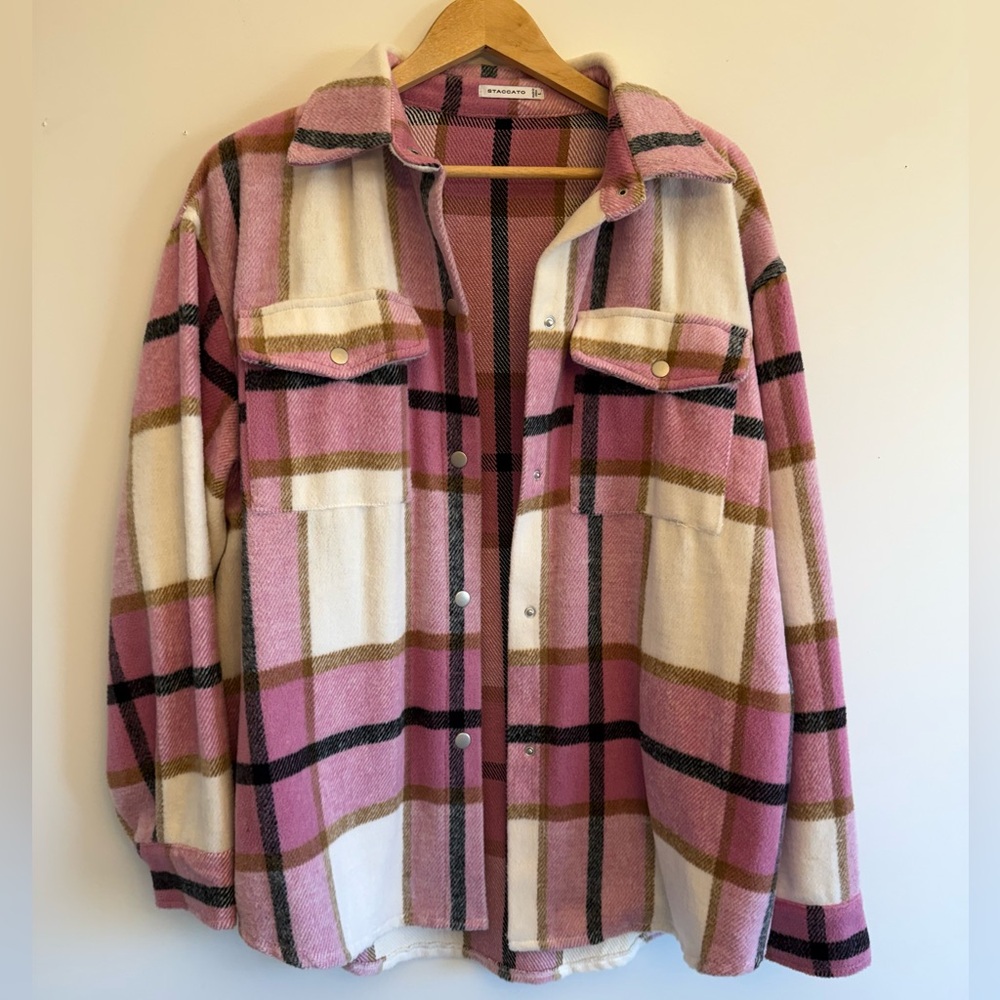 Pink Plaid Shacket | Oversized Button-Up Jacket | Cozy Fall Layer | Size L